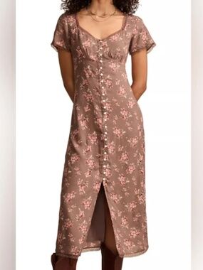 Lucky Brand Women's Taupe Floral Pink Brown Midi Dress Size XS 🌸🤎